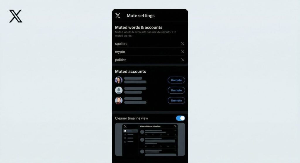 Twitter X mute feature interface showing muted words list and account muting options