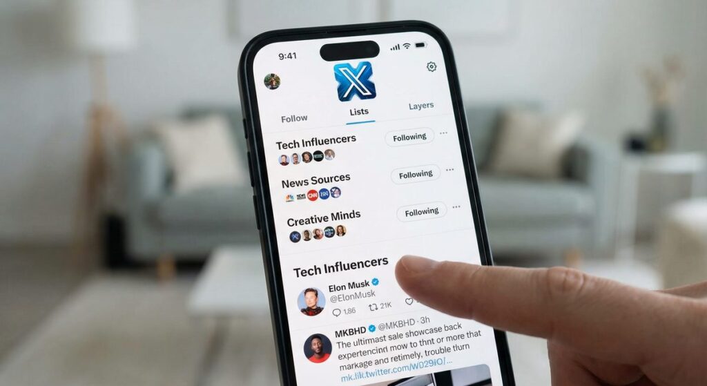 Twitter X Lists feature showing curated list of accounts and timeline organization