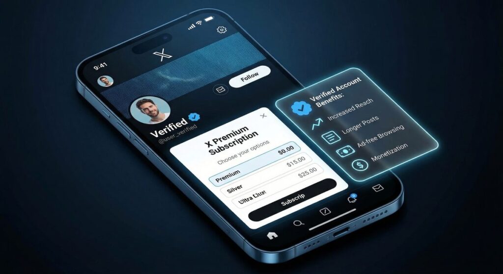 Twitter X verification blue checkmark badge on profile and X Premium subscription interface